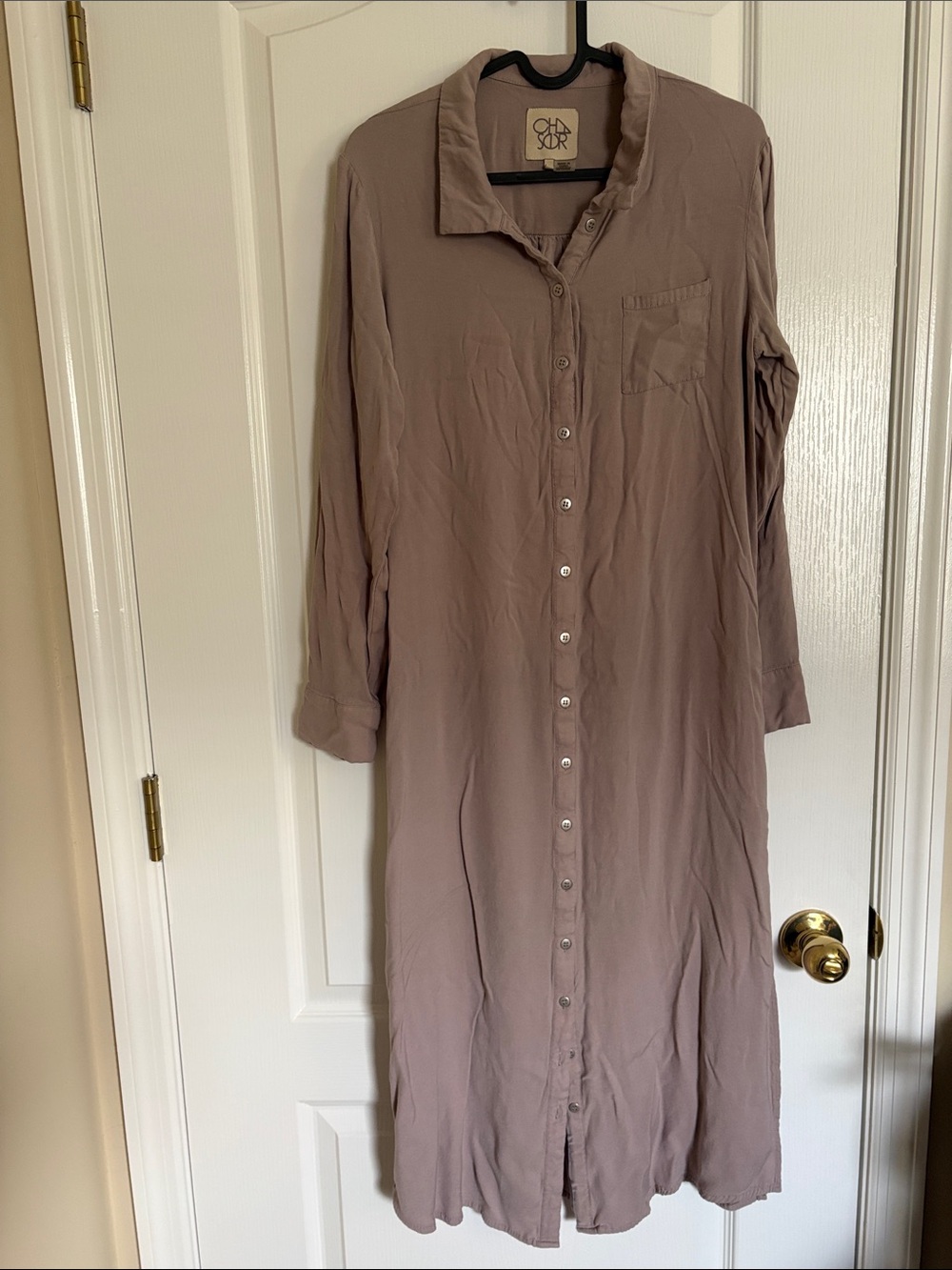 Chaser Long-Sleeve Button-Down Shirt Dress in Taupe with side slits